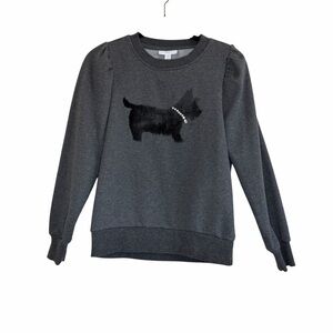Charter Club Gray Knit Top with Jeweled Suede Scottie Dog and Puff Sleeves